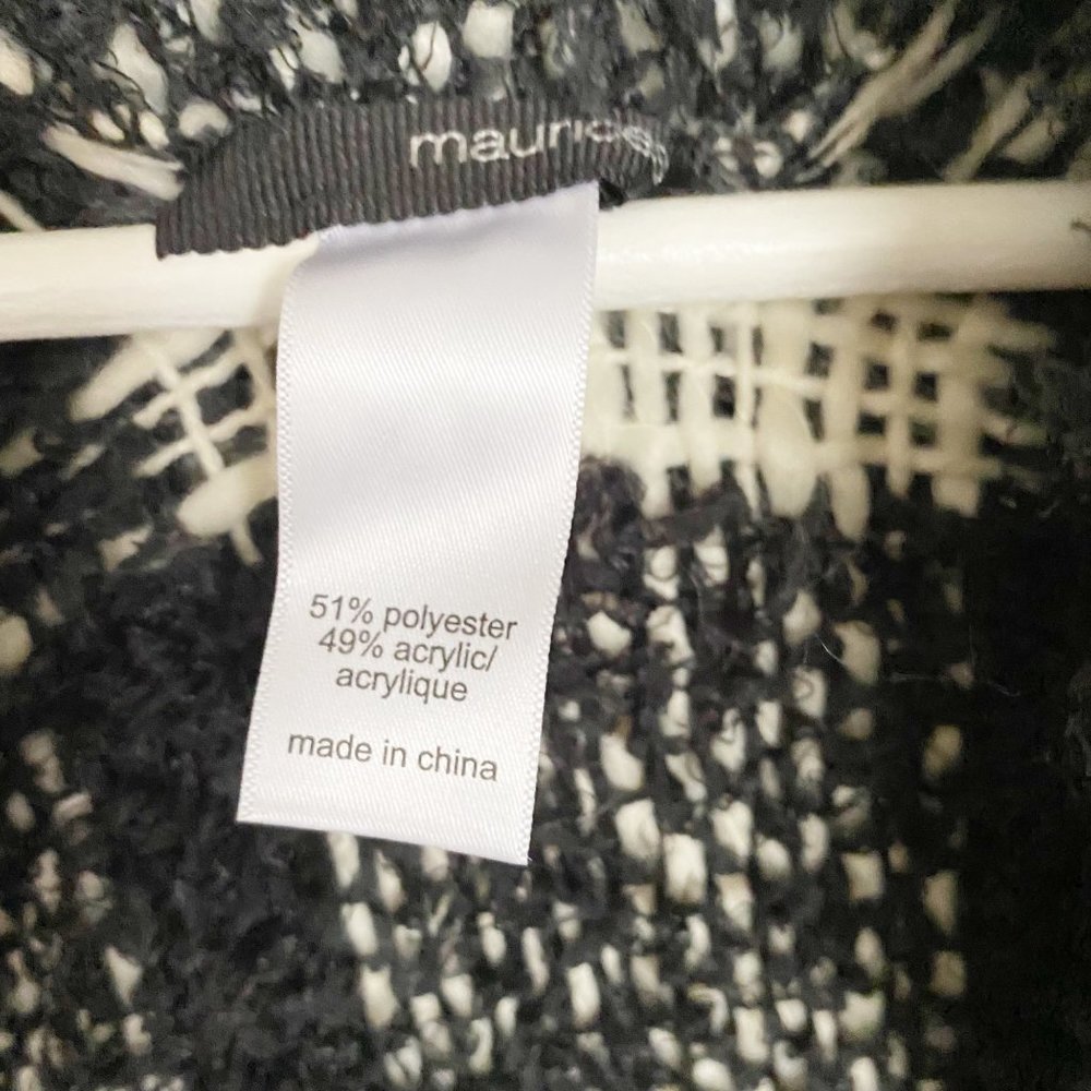 Maurices Black & White Plaid Fringe Soft Fuzzy Hooded Poncho Wrap - Picture 3 of 8